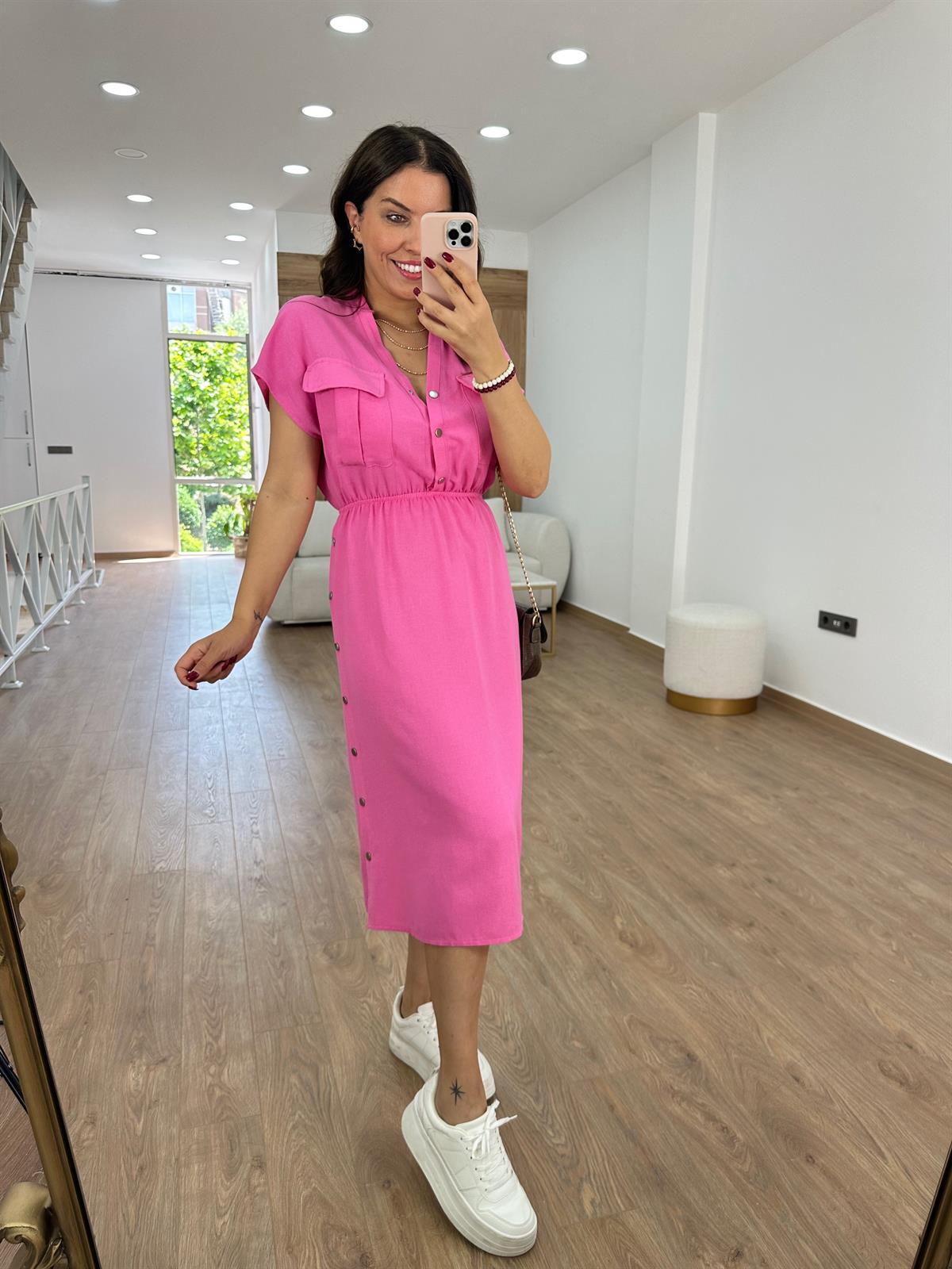 Yanı Çıtçıtlı Tasarım Keten Elbise-Pembe