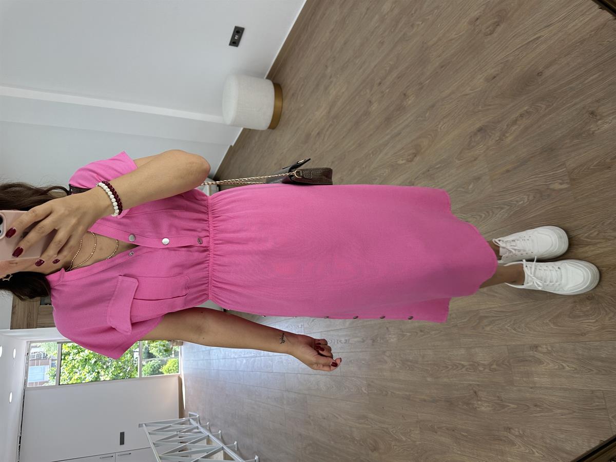 Yanı Çıtçıtlı Tasarım Keten Elbise-Pembe