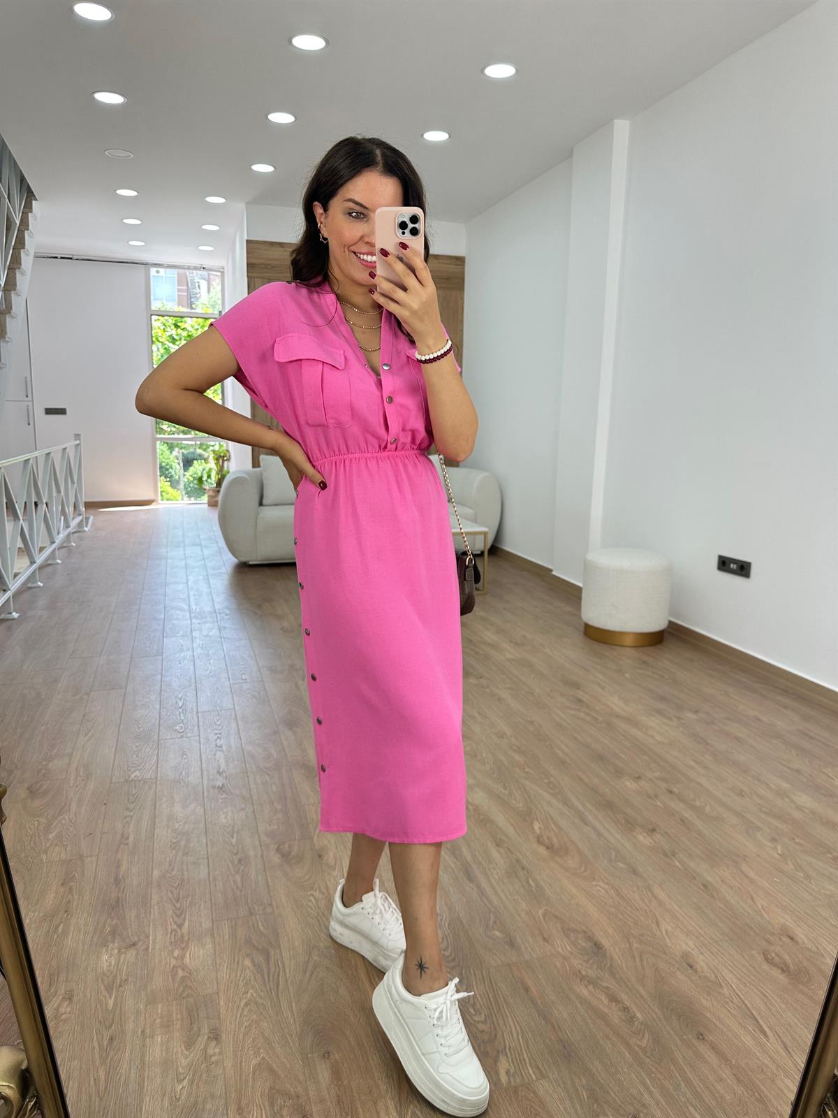 Yanı Çıtçıtlı Tasarım Keten Elbise-Pembe