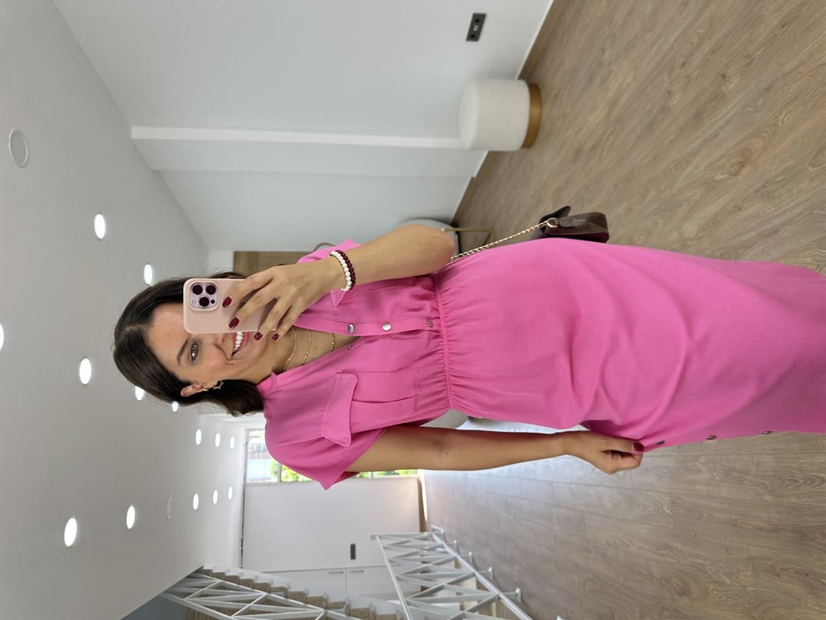 Yanı Çıtçıtlı Tasarım Keten Elbise-Pembe