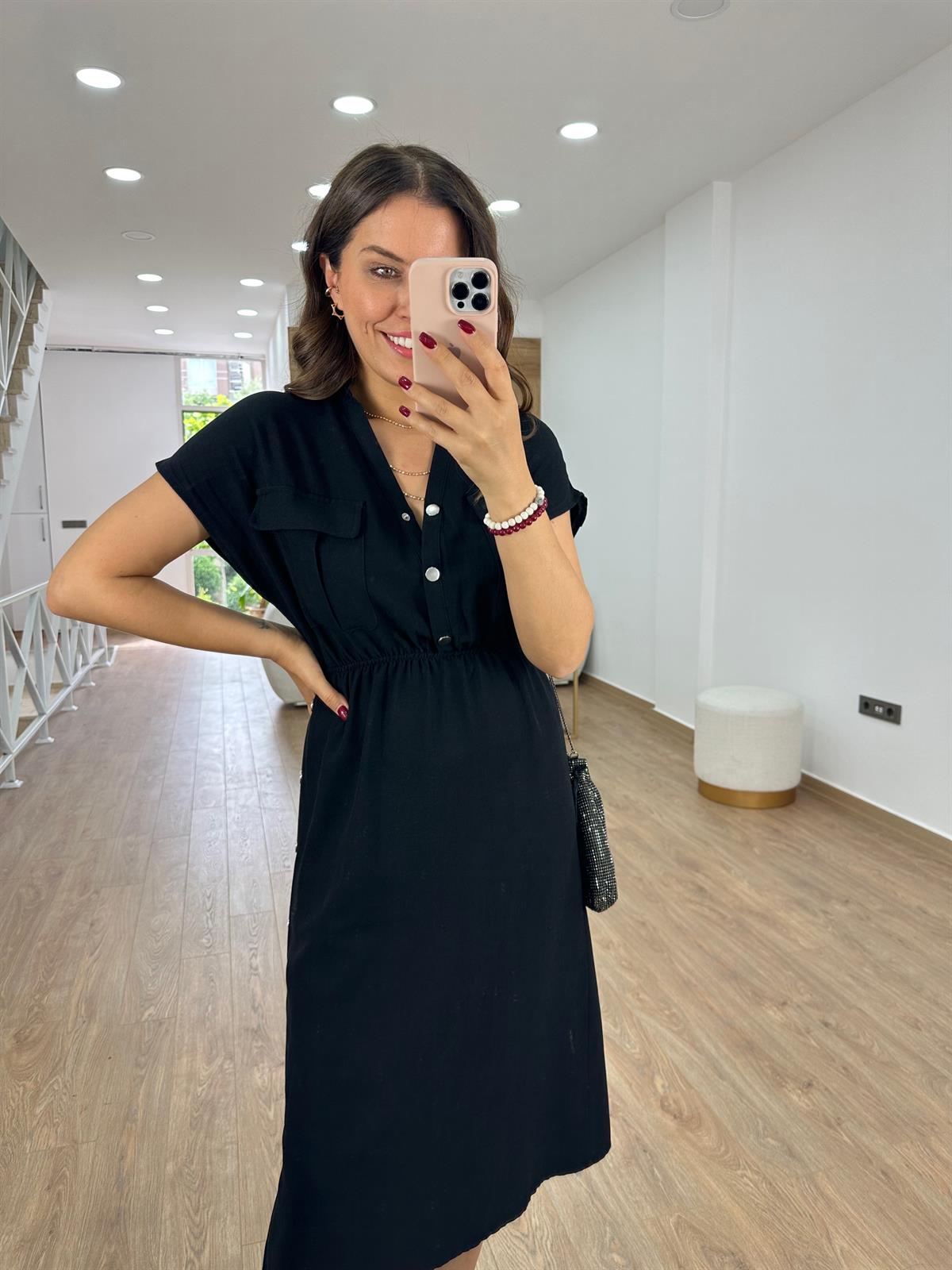 Yanı Çıtçıtlı Tasarım Keten Elbise-Siyah