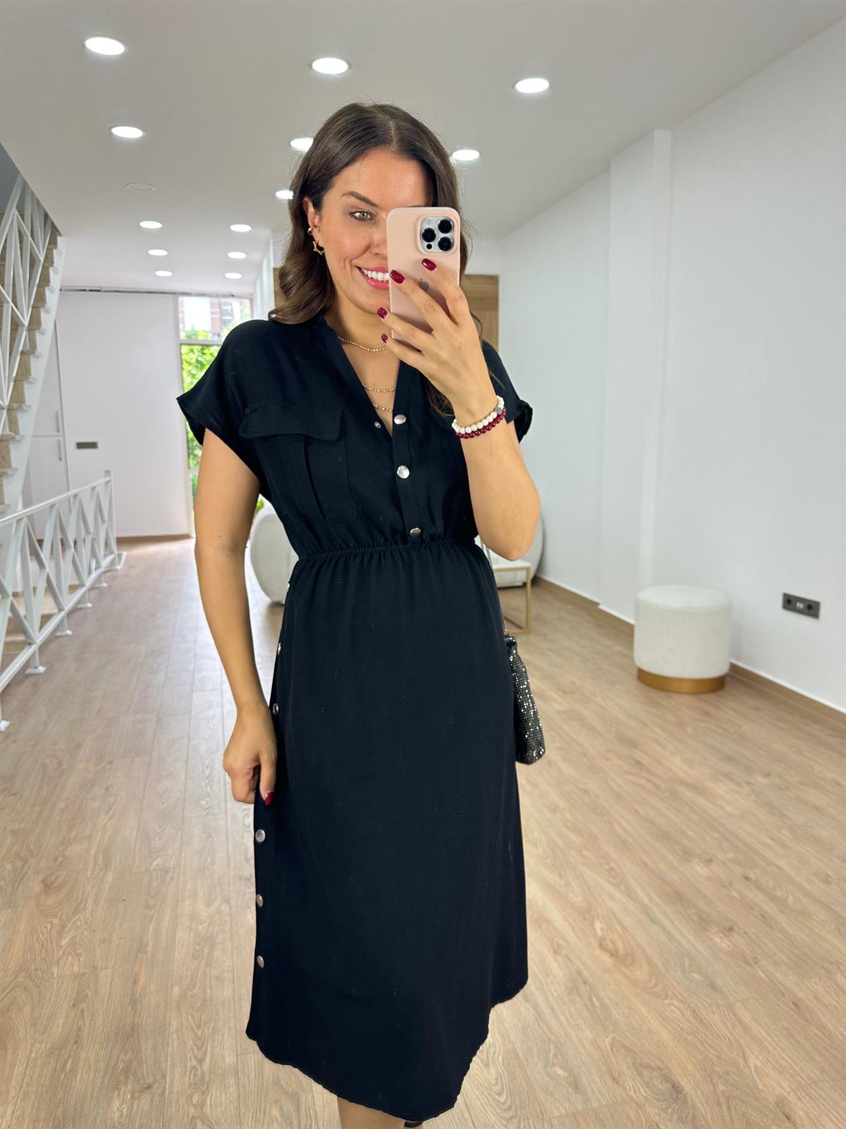 Yanı Çıtçıtlı Tasarım Keten Elbise-Siyah