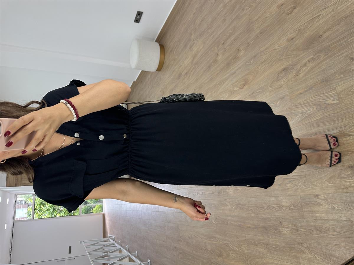 Yanı Çıtçıtlı Tasarım Keten Elbise-Siyah