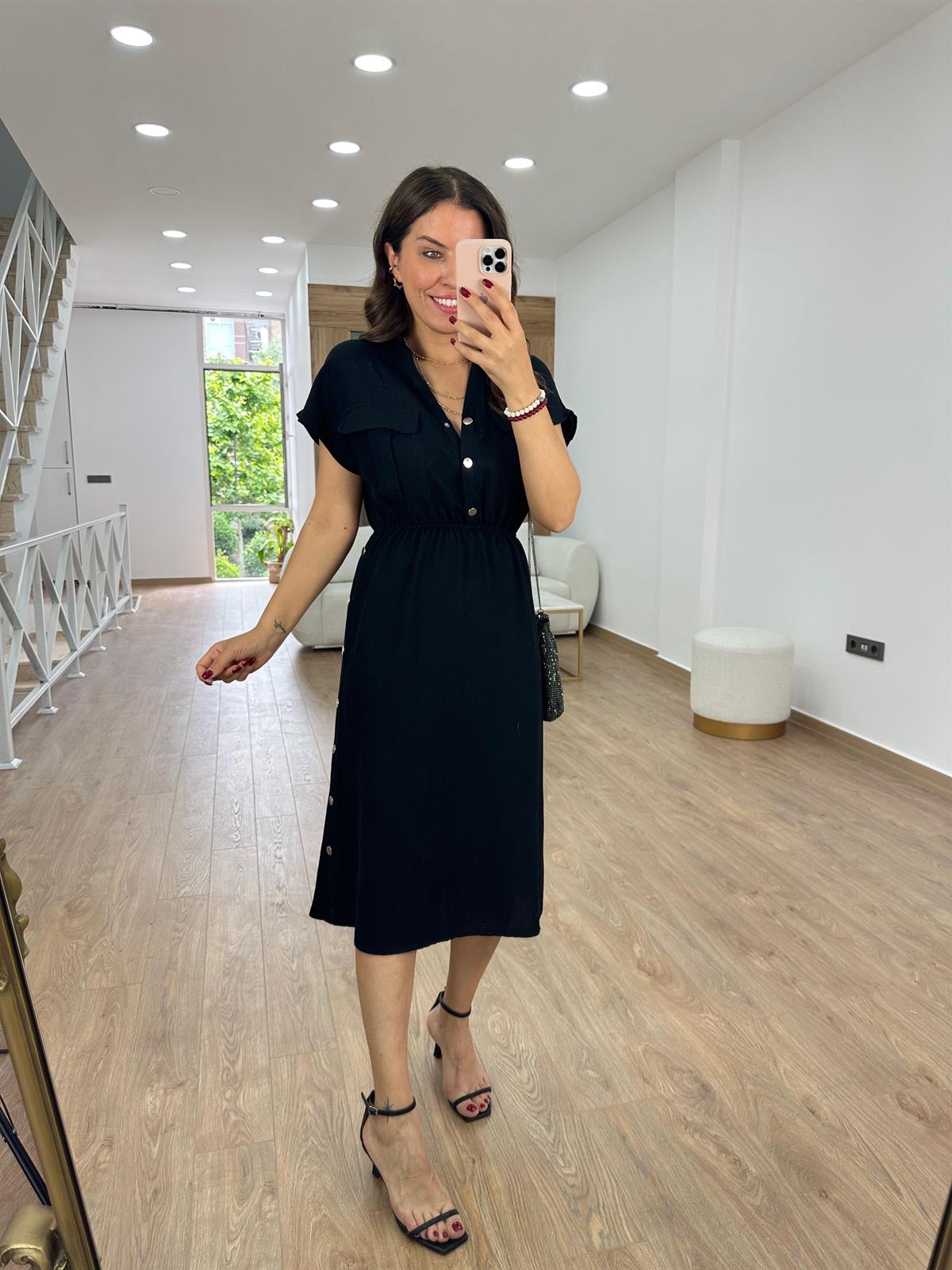 Yanı Çıtçıtlı Tasarım Keten Elbise-Siyah