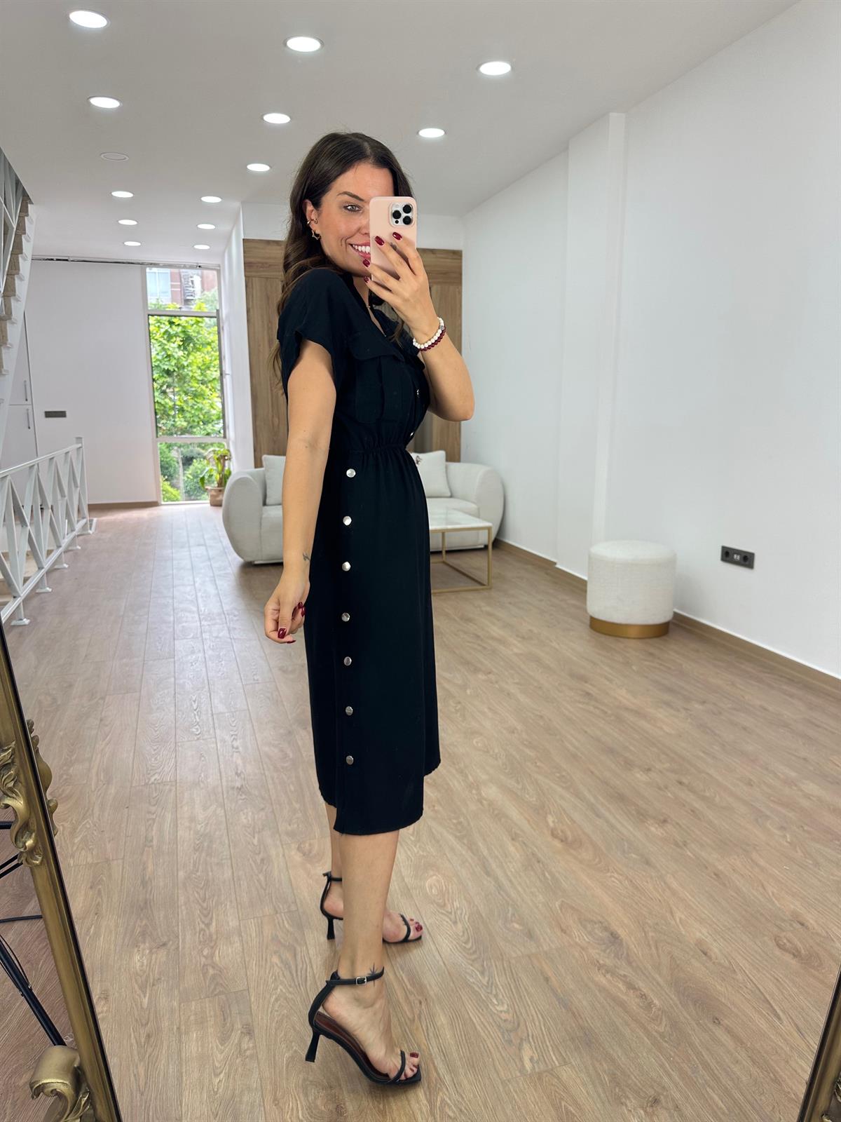 Yanı Çıtçıtlı Tasarım Keten Elbise-Siyah