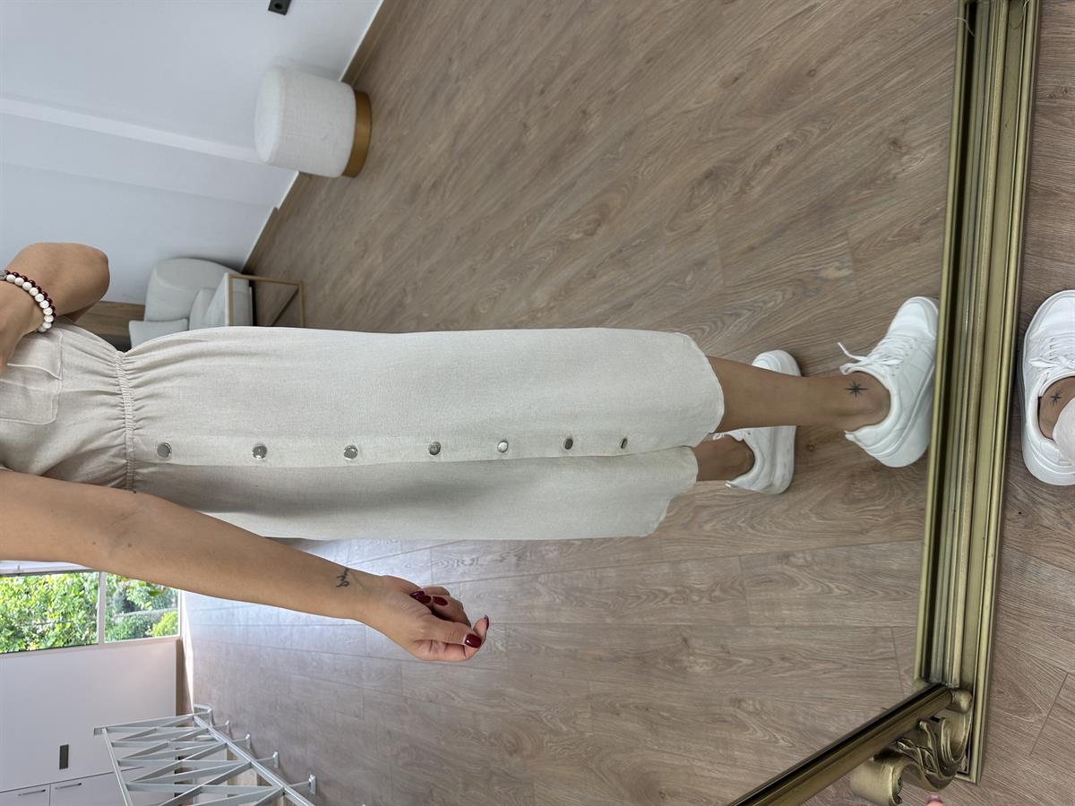 Yanı Çıtçıtlı Tasarım Keten Elbise-Taş