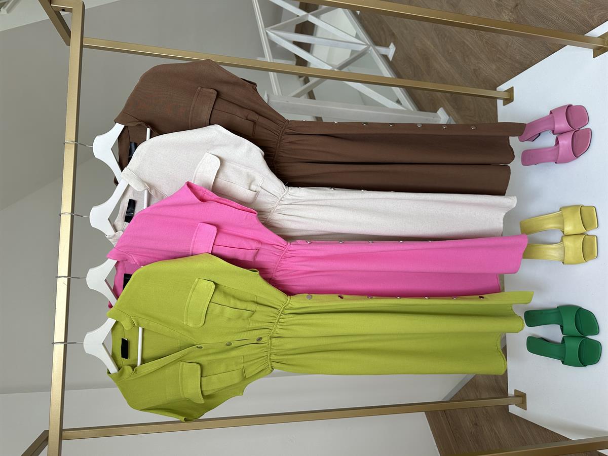 Yanı Çıtçıtlı Tasarım Keten Elbise-Taş