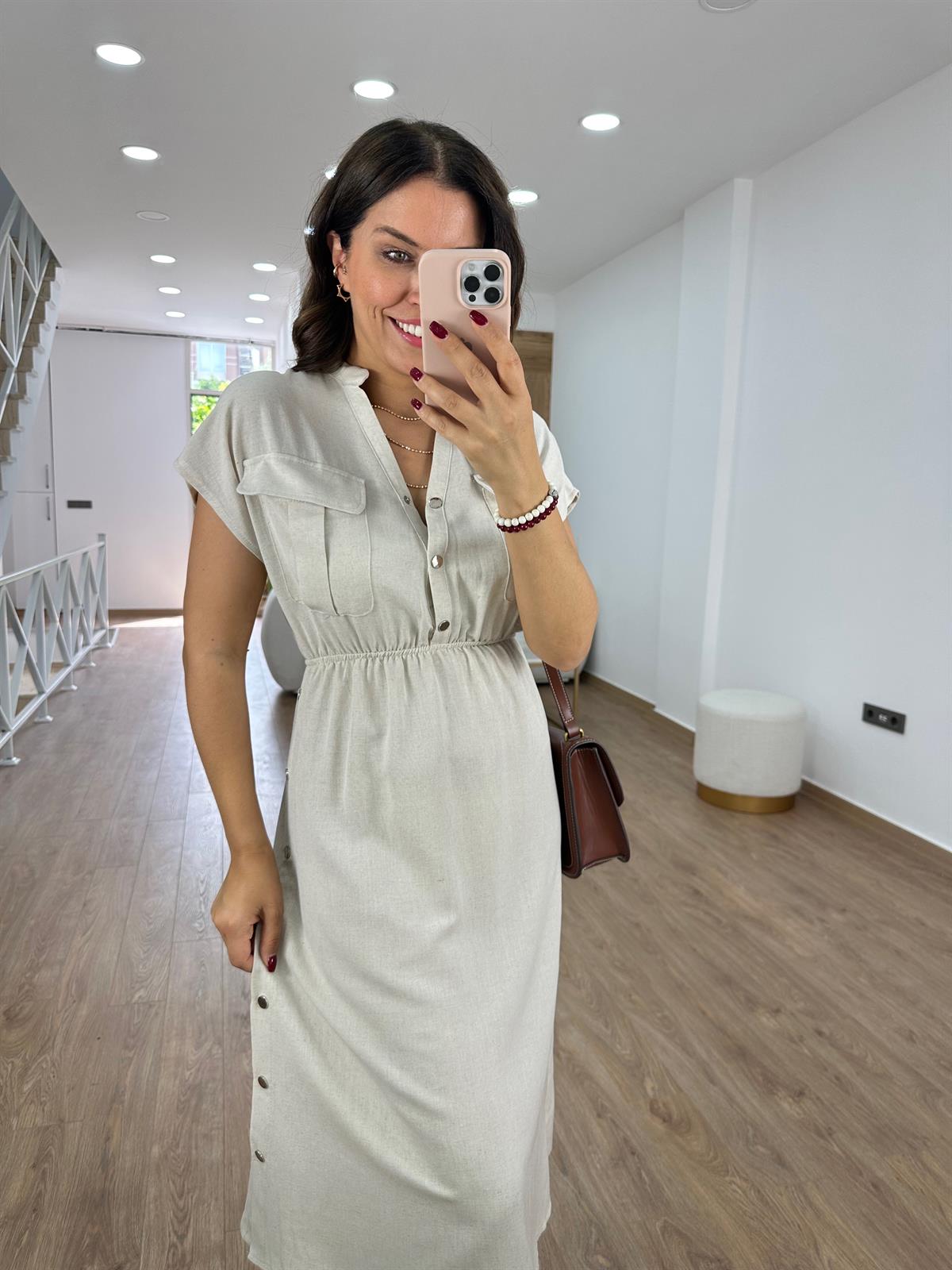 Yanı Çıtçıtlı Tasarım Keten Elbise-Taş