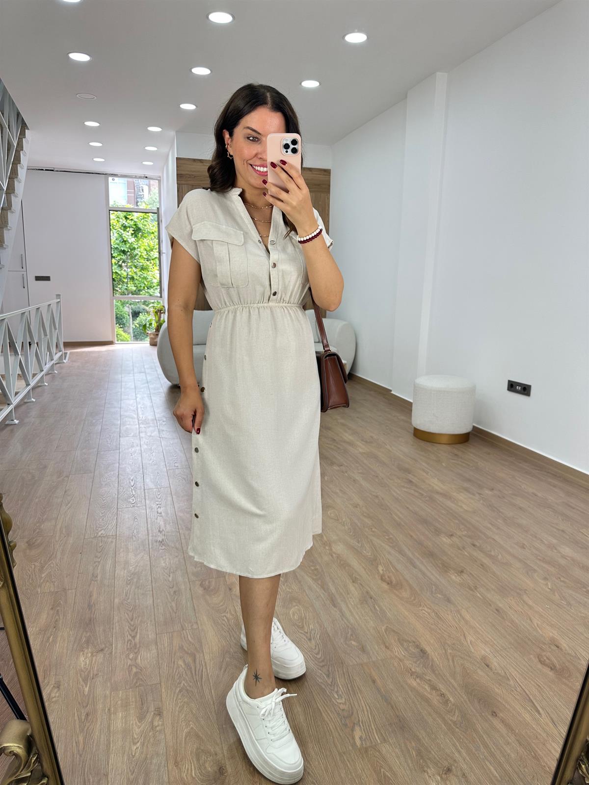 Yanı Çıtçıtlı Tasarım Keten Elbise-Taş