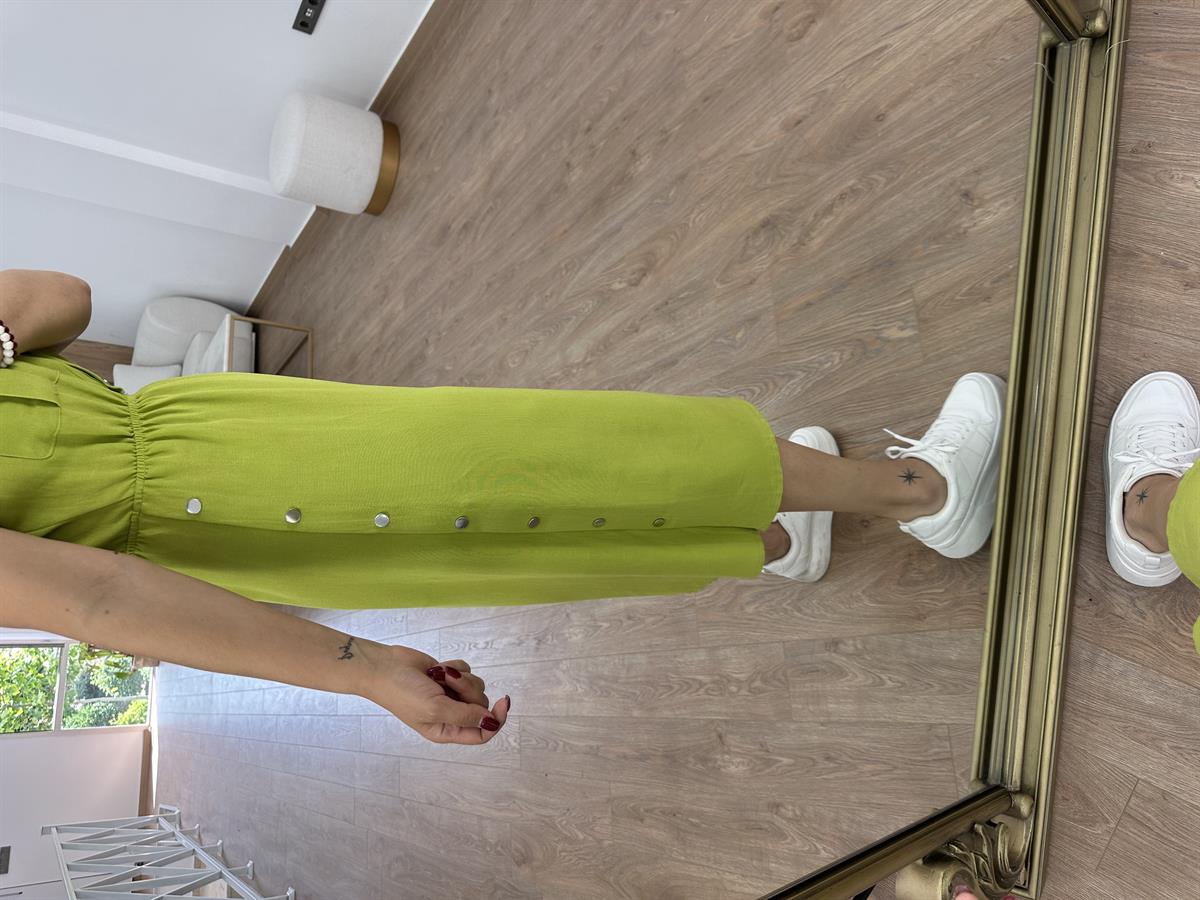 Yanı Çıtçıtlı Tasarım Keten Elbise-Yeşil