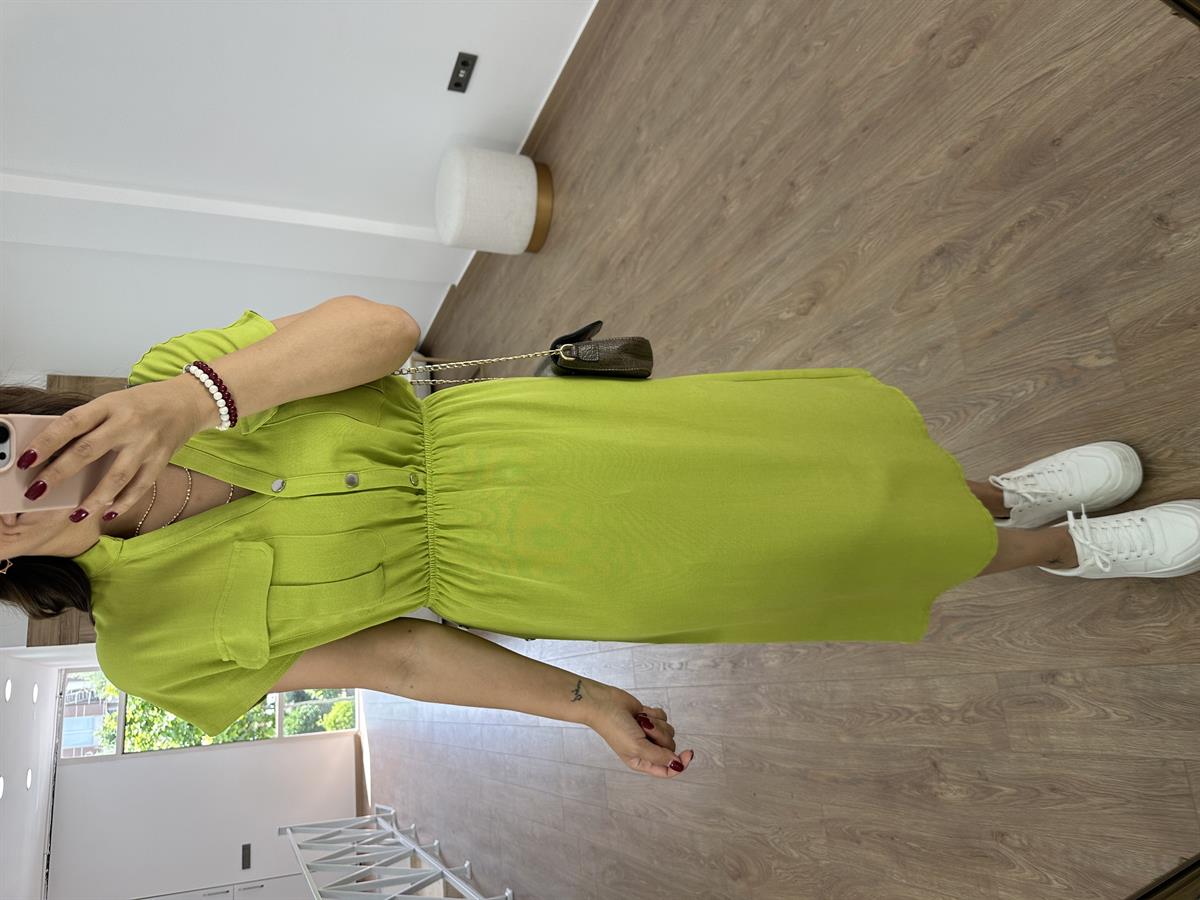 Yanı Çıtçıtlı Tasarım Keten Elbise-Yeşil