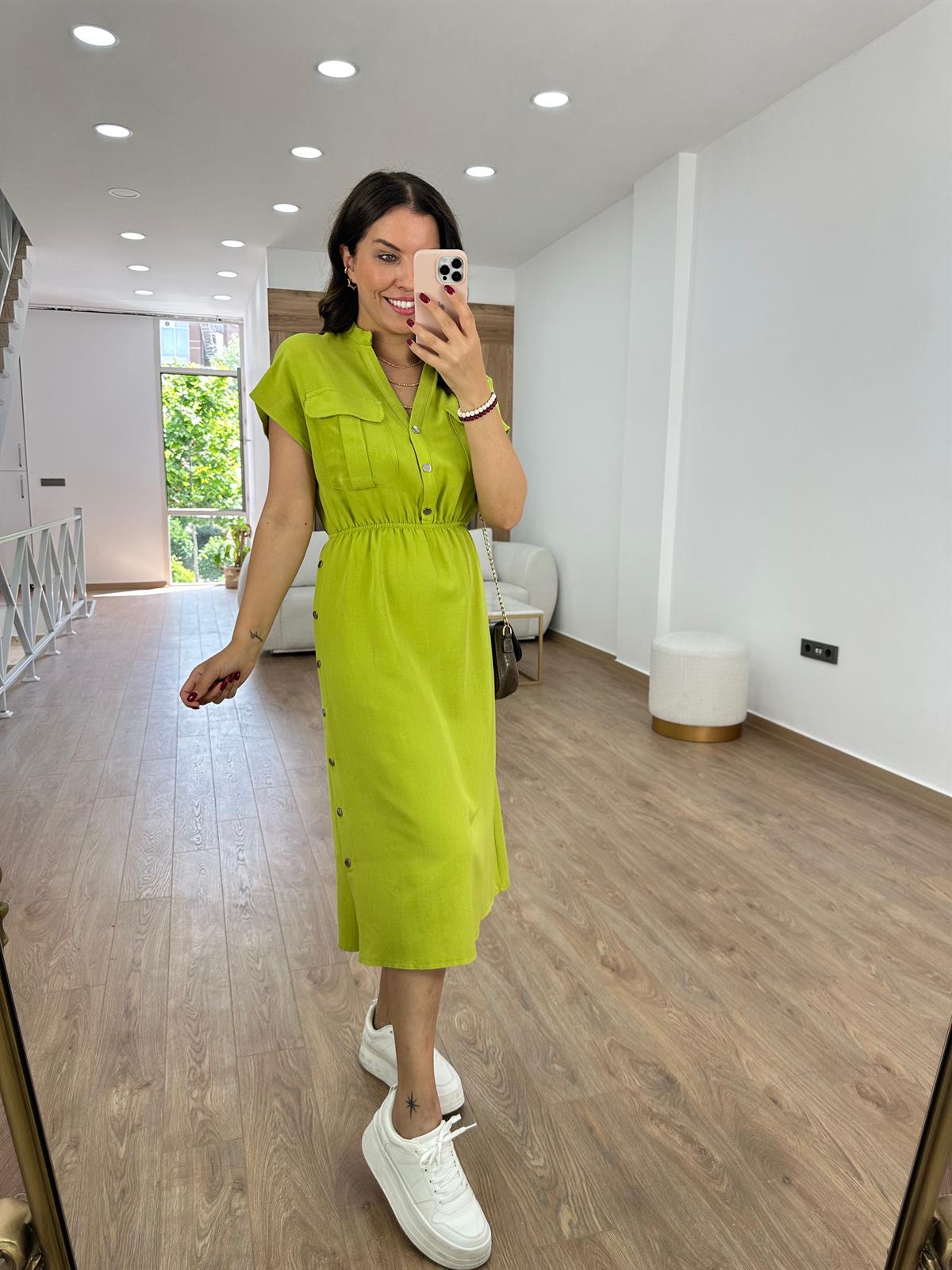 Yanı Çıtçıtlı Tasarım Keten Elbise-Yeşil