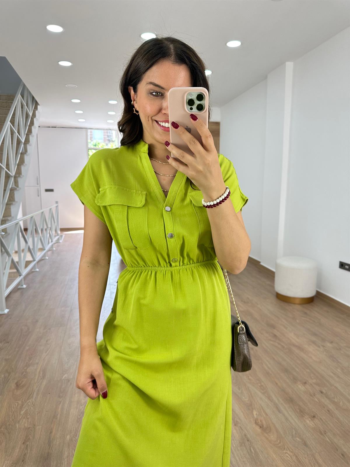 Yanı Çıtçıtlı Tasarım Keten Elbise-Yeşil