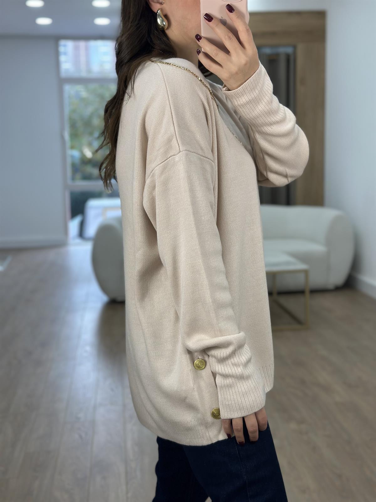 Yanı Gold Düğmeli Salaş Triko Kazak-Vanilya