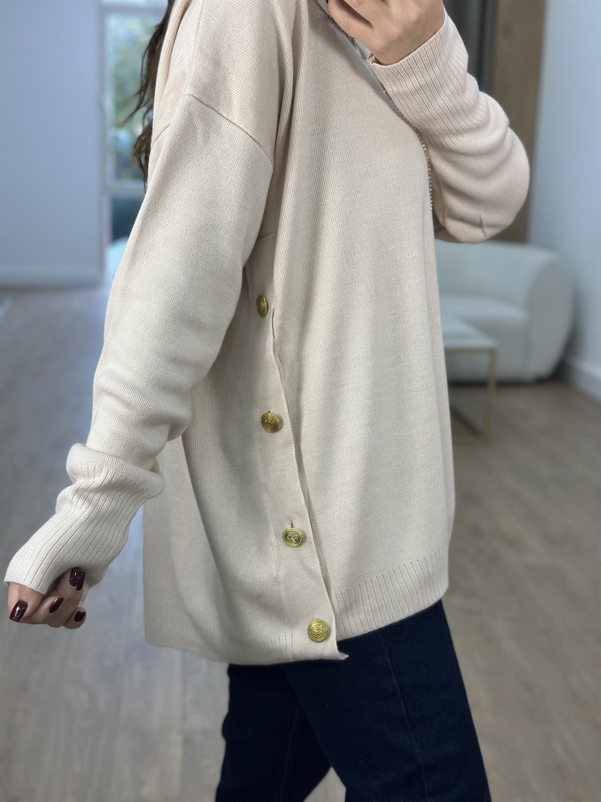 Yanı Gold Düğmeli Salaş Triko Kazak-Vanilya