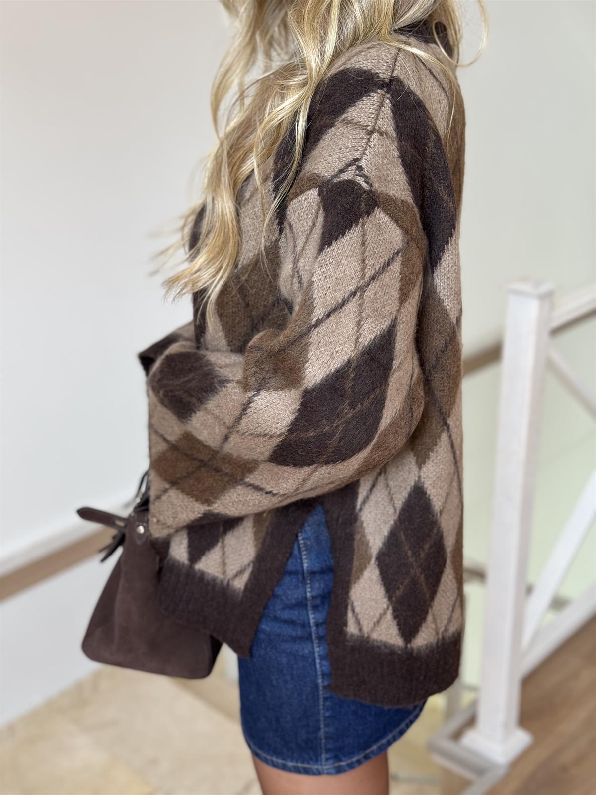 Yanı Yırtmaçlı Şardonlu Baklava Desen Kazak - Kahverengi