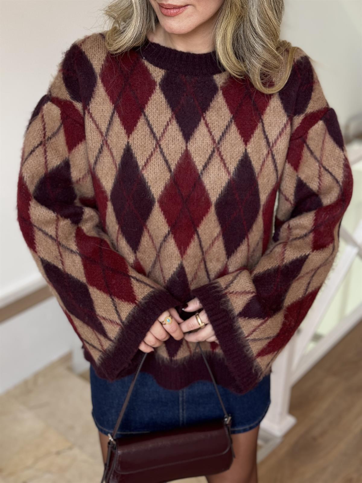 Yanı Yırtmaçlı Şardonlu Baklava Desen Kazak - Bordo