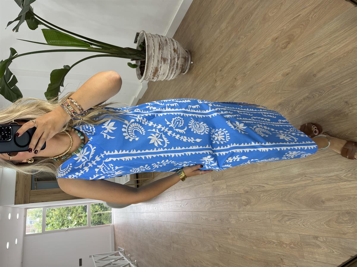 Yanları Yırtmaçlı Desenli Poplin Elbise