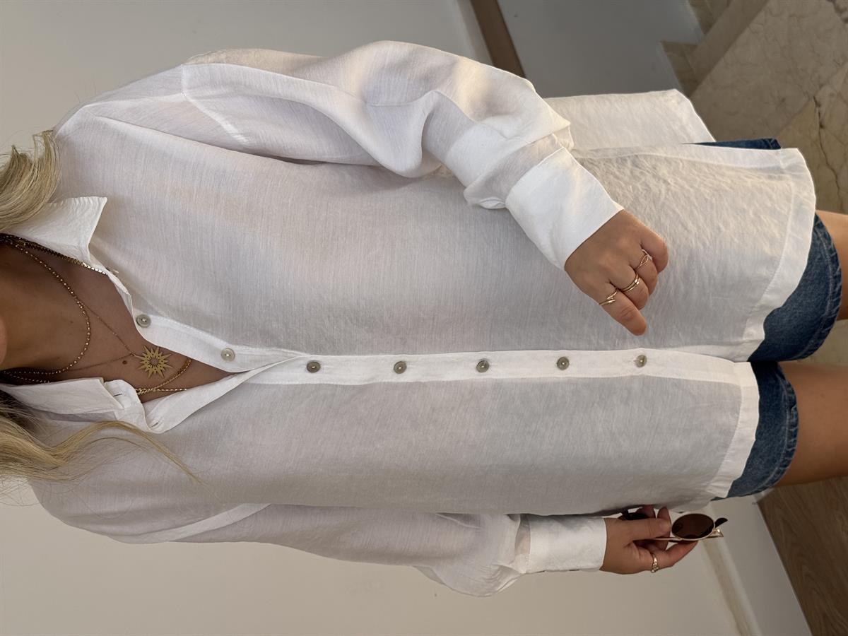 Yanları Yırtmaçlı Salaş Modal Gömlek - Beyaz