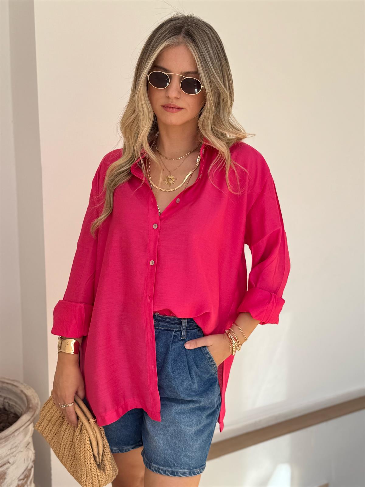 Yanları Yırtmaçlı Salaş Modal Gömlek - Fuşya
