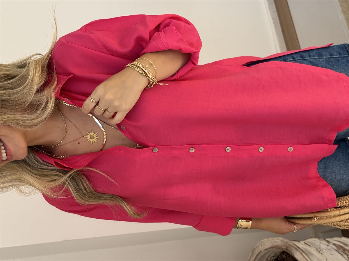 Yanları Yırtmaçlı Salaş Modal Gömlek - Fuşya