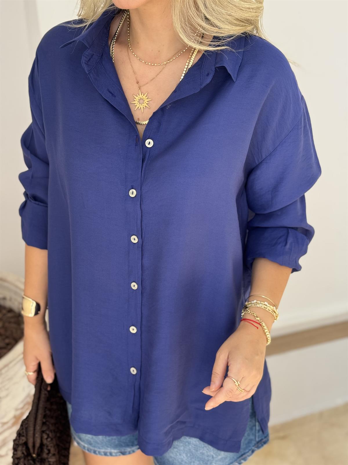 Yanları Yırtmaçlı Salaş Modal Gömlek - Lacivert