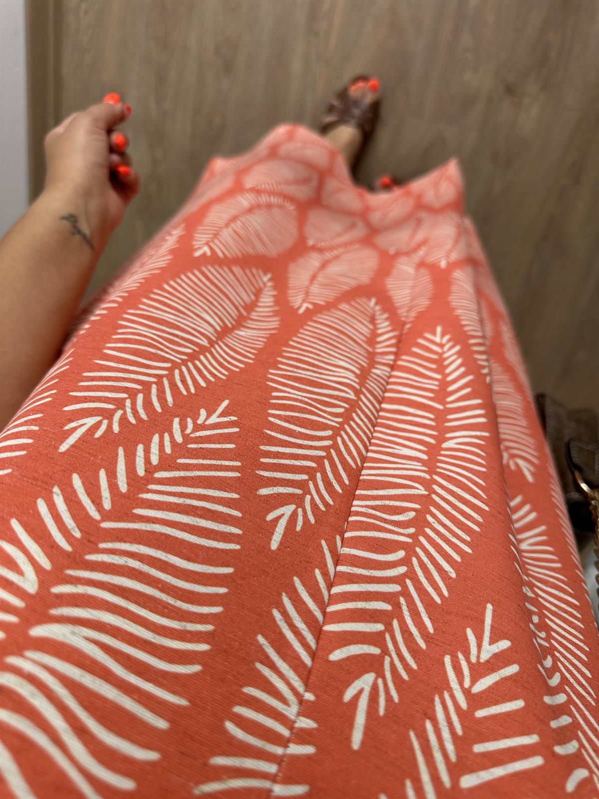 Yaprak Desen Cepli Keten Elbise-Turuncu