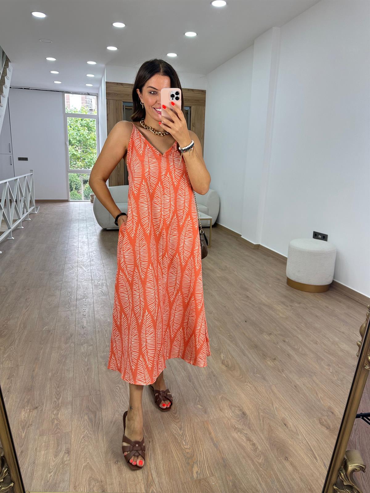 Yaprak Desen Cepli Keten Elbise-Turuncu