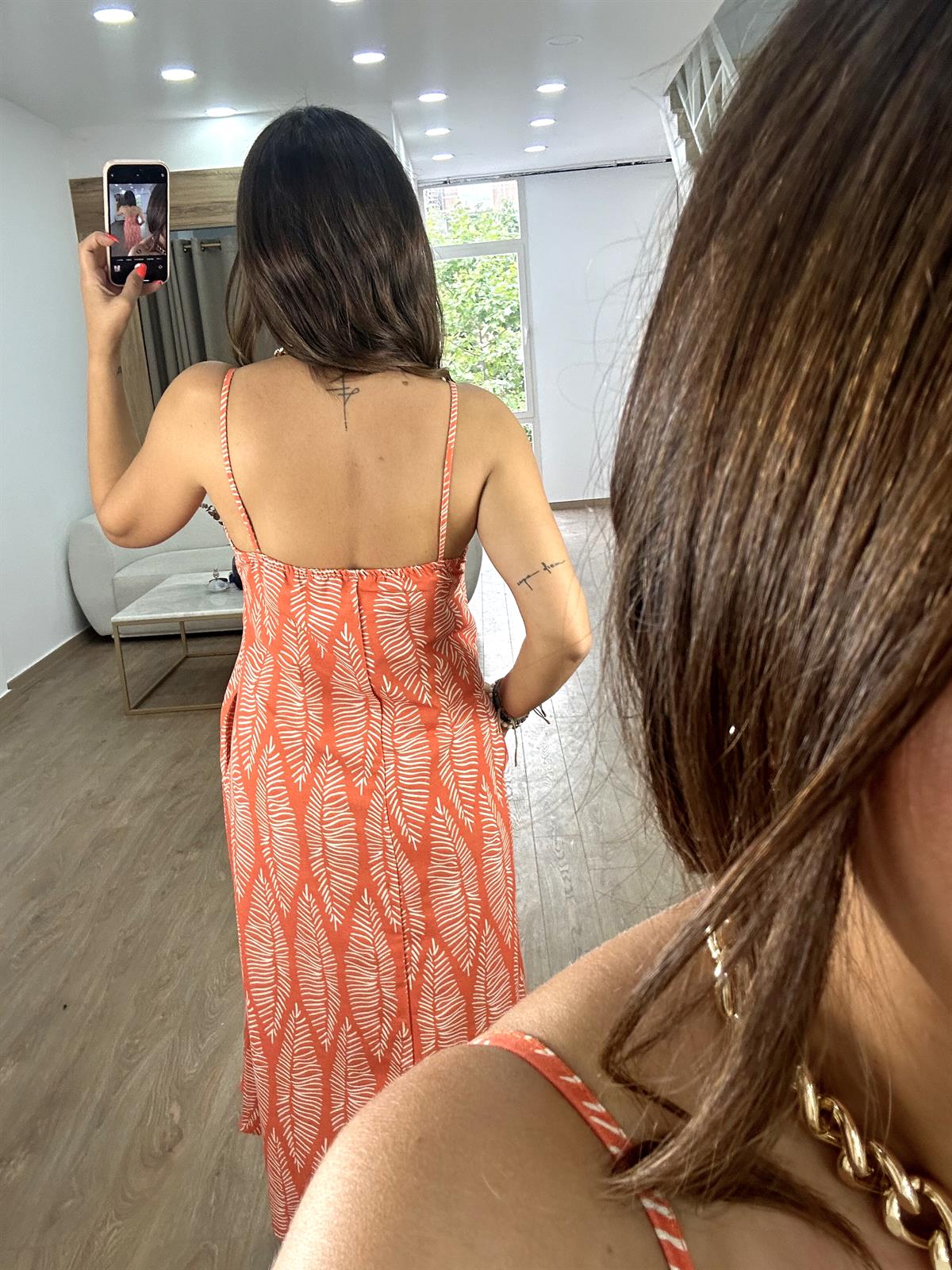 Yaprak Desen Cepli Keten Elbise-Turuncu