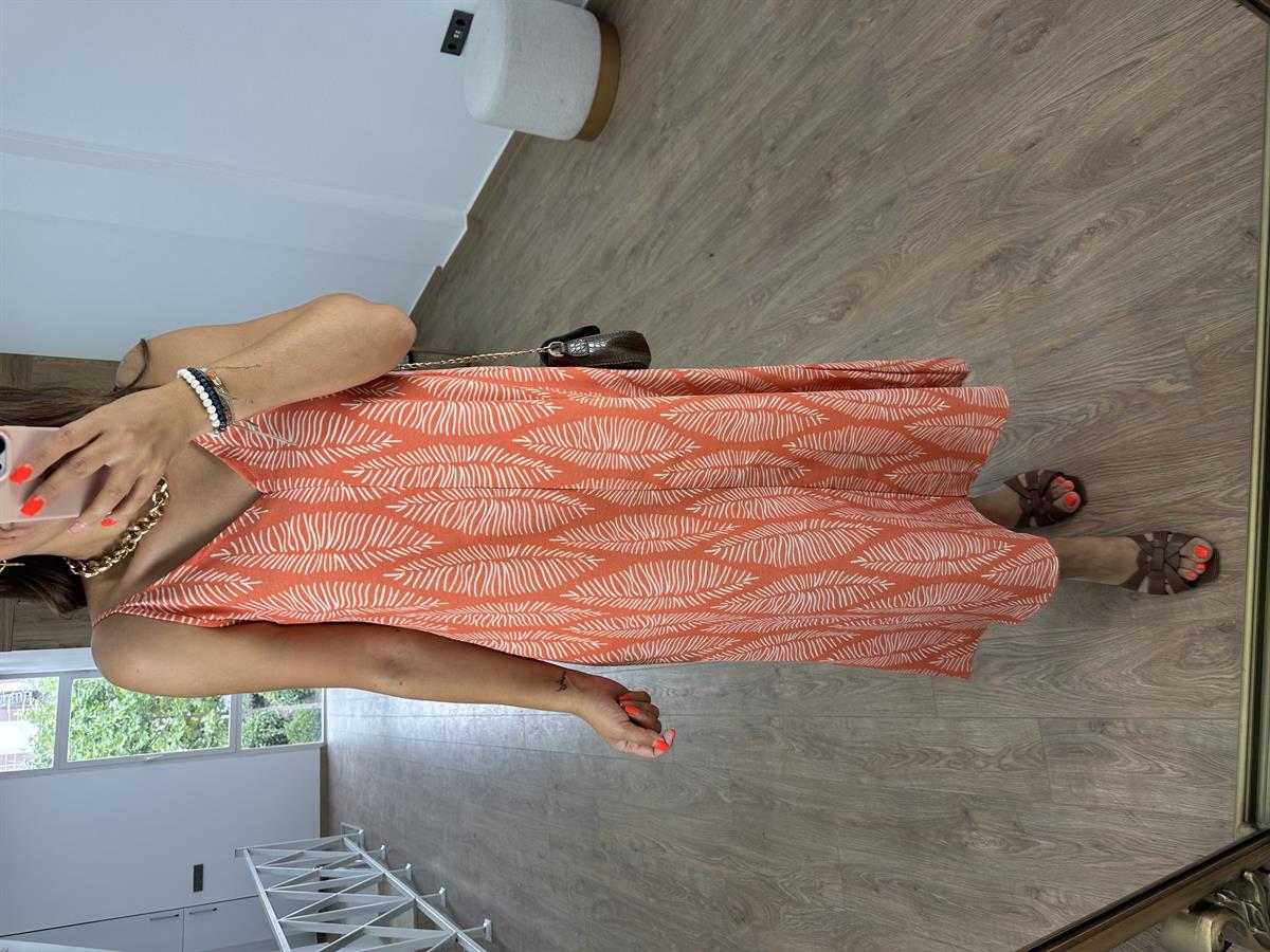 Yaprak Desen Cepli Keten Elbise-Turuncu