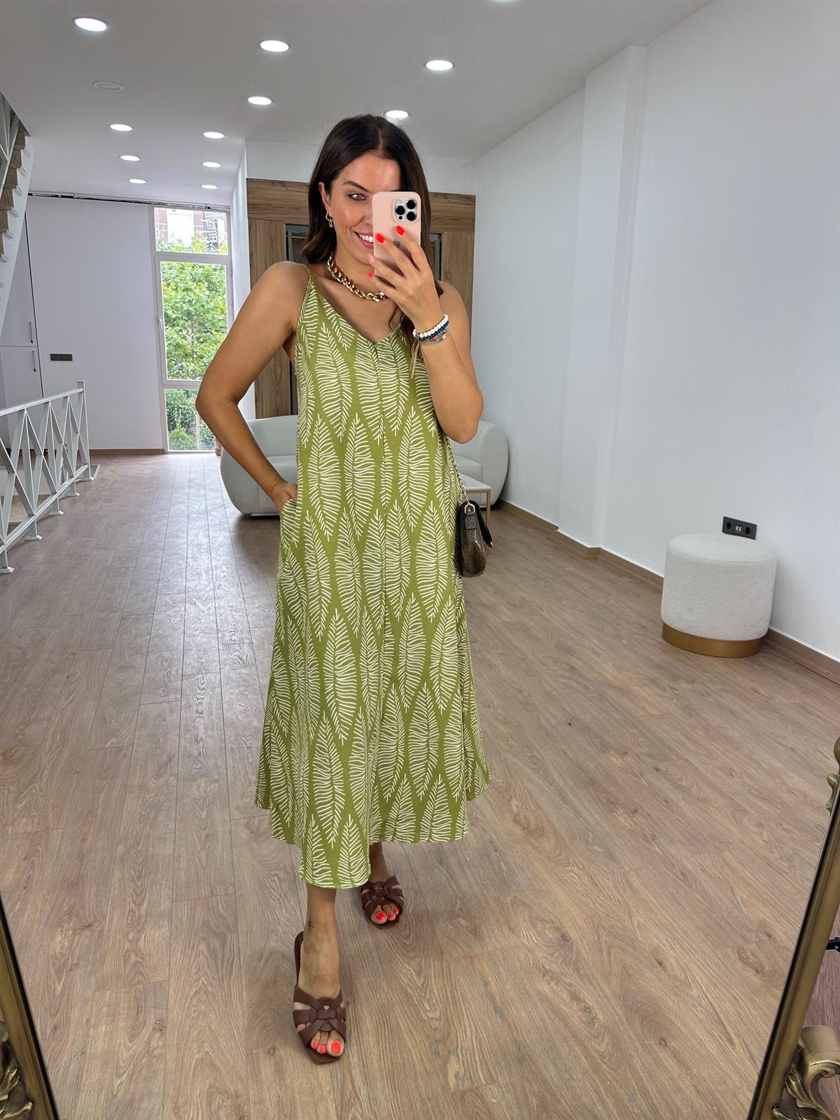 Yaprak Desen Cepli Keten Elbise-Yeşil