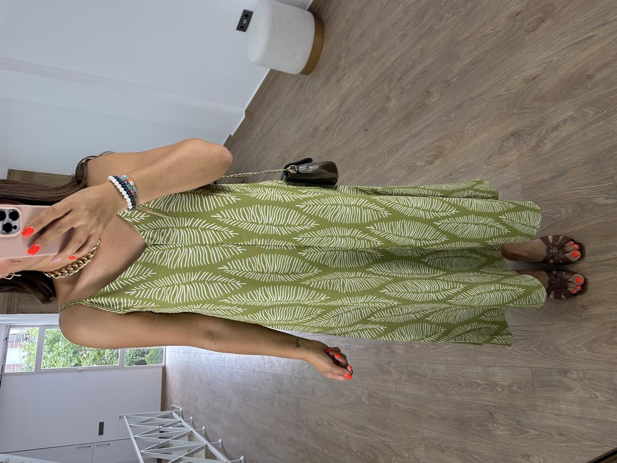 Yaprak Desen Cepli Keten Elbise-Yeşil