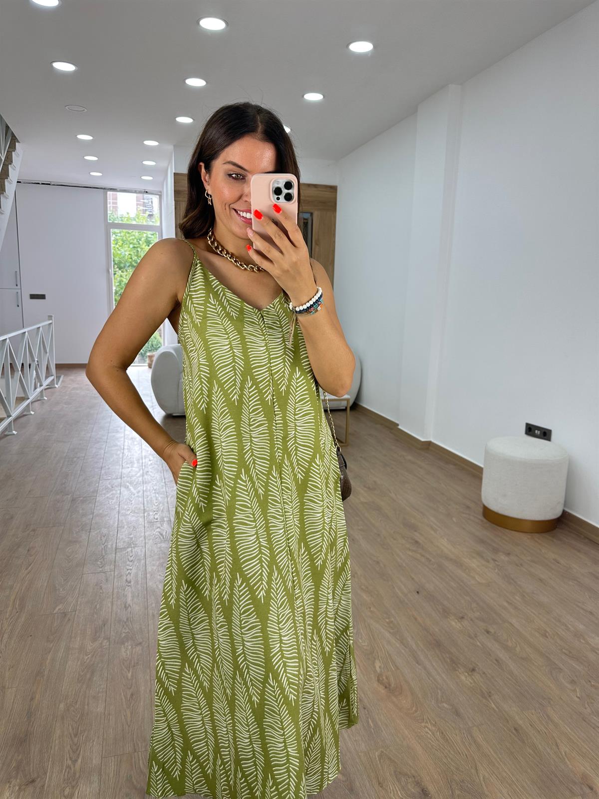 Yaprak Desen Cepli Keten Elbise-Yeşil