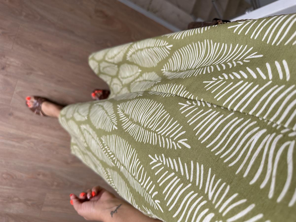 Yaprak Desen Cepli Keten Elbise-Yeşil