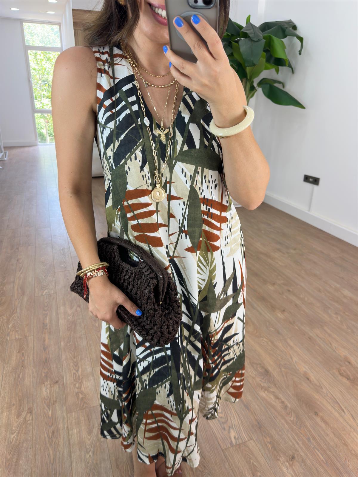 Yaprak Deseni Cepli Vual Elbise