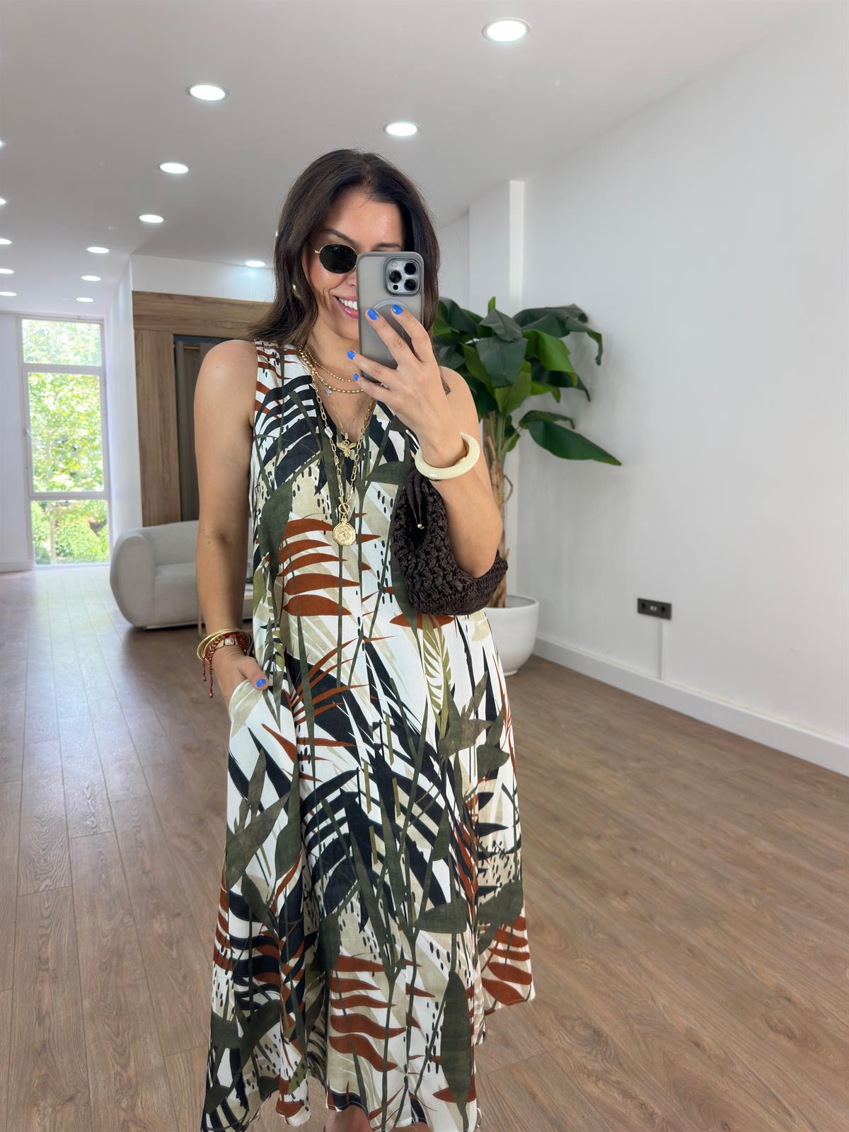 Yaprak Deseni Cepli Vual Elbise