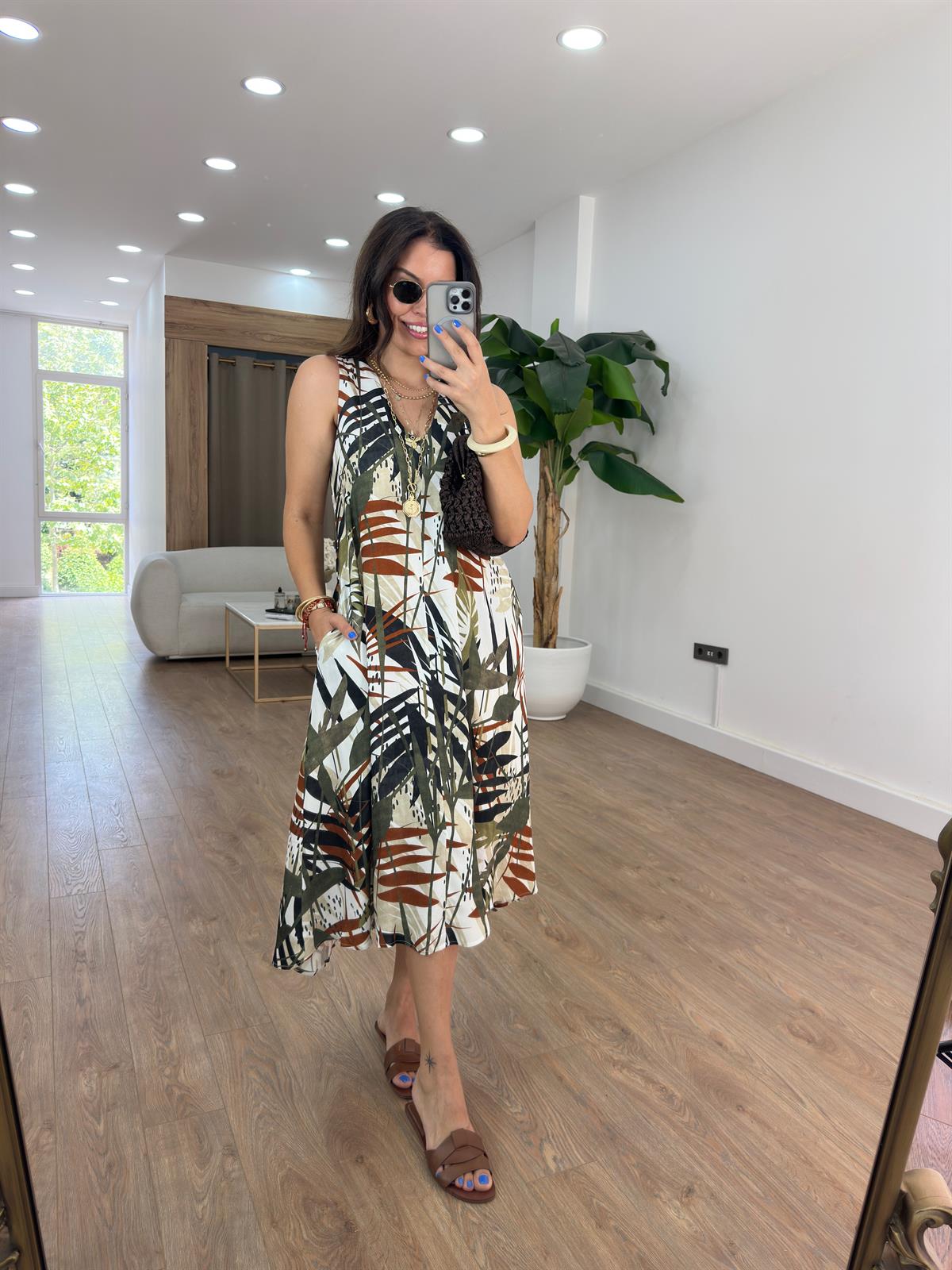 Yaprak Deseni Cepli Vual Elbise