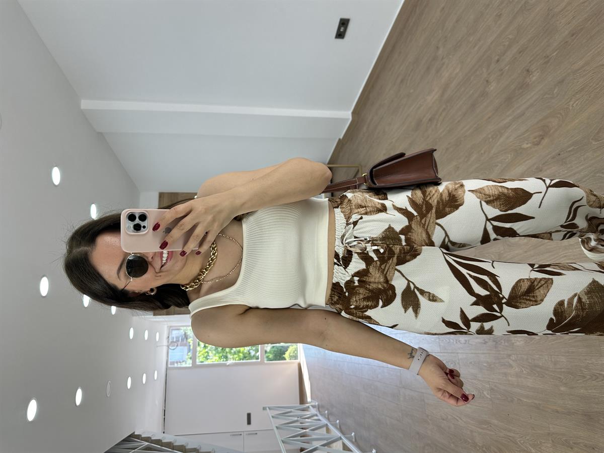 Yaprak Desenli Pantolon-Kahve