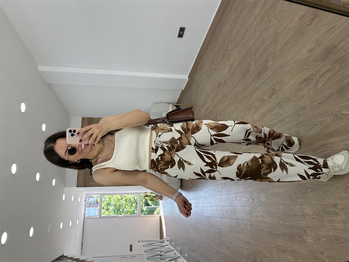 Yaprak Desenli Pantolon-Kahve