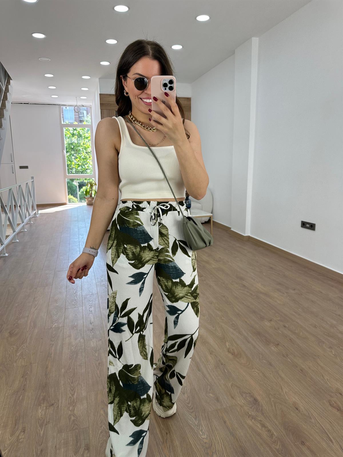 Yaprak Desenli Pantolon-Yeşil