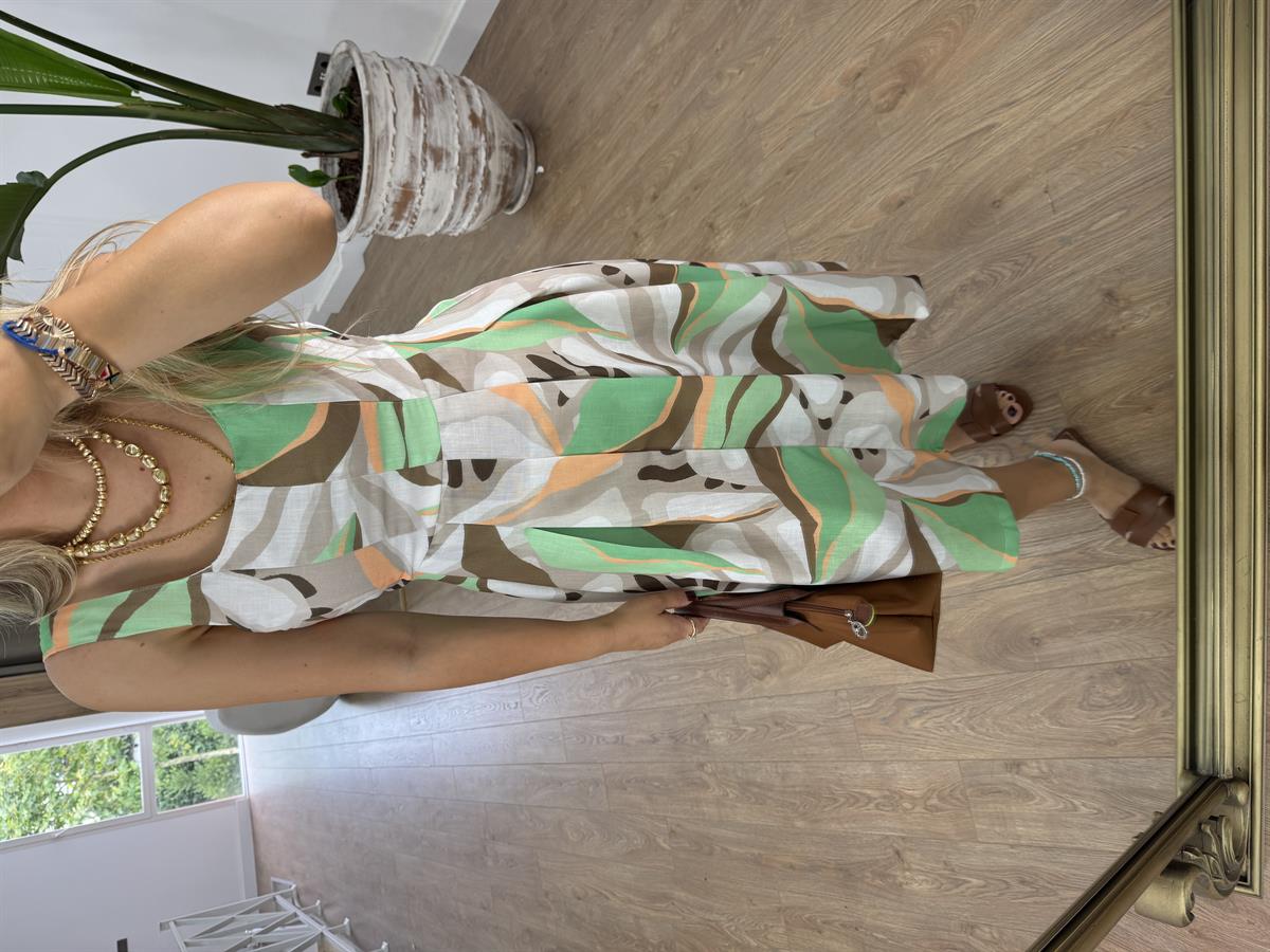 Yaprak Desenli Piliseli Keten Elbise-Yeşil