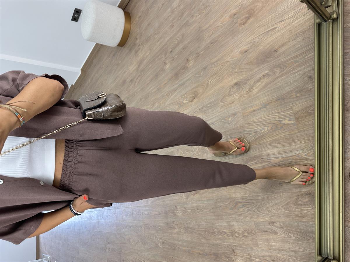 Yarasa Kol Keten Takım-Kahve