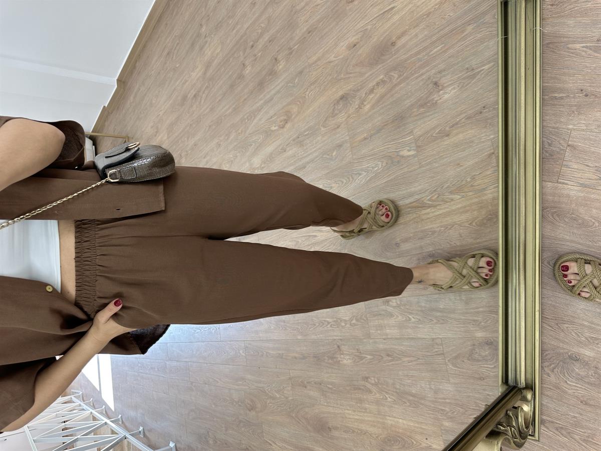 Yarasa Kol Naturel Keten Takım-Kahve