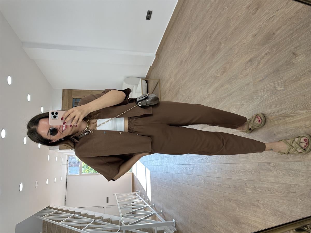 Yarasa Kol Naturel Keten Takım-Kahve