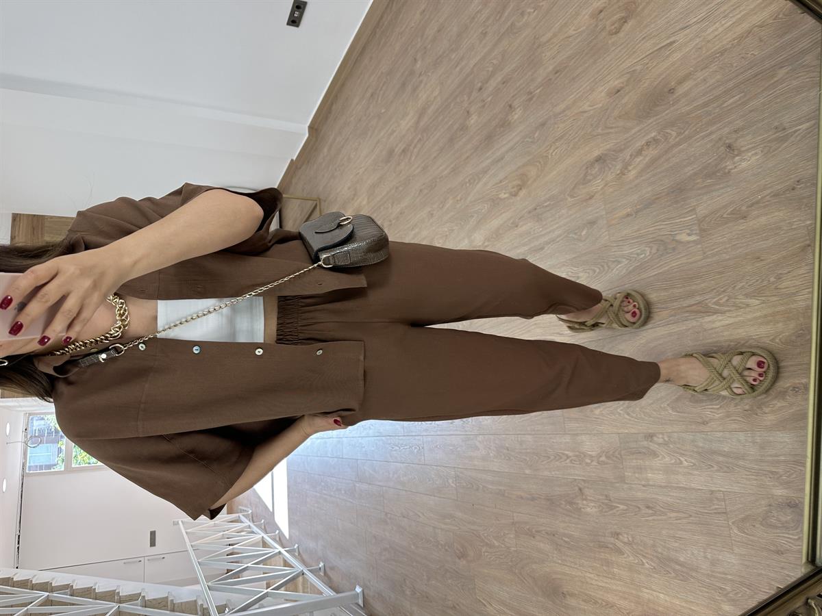 Yarasa Kol Naturel Keten Takım-Kahve