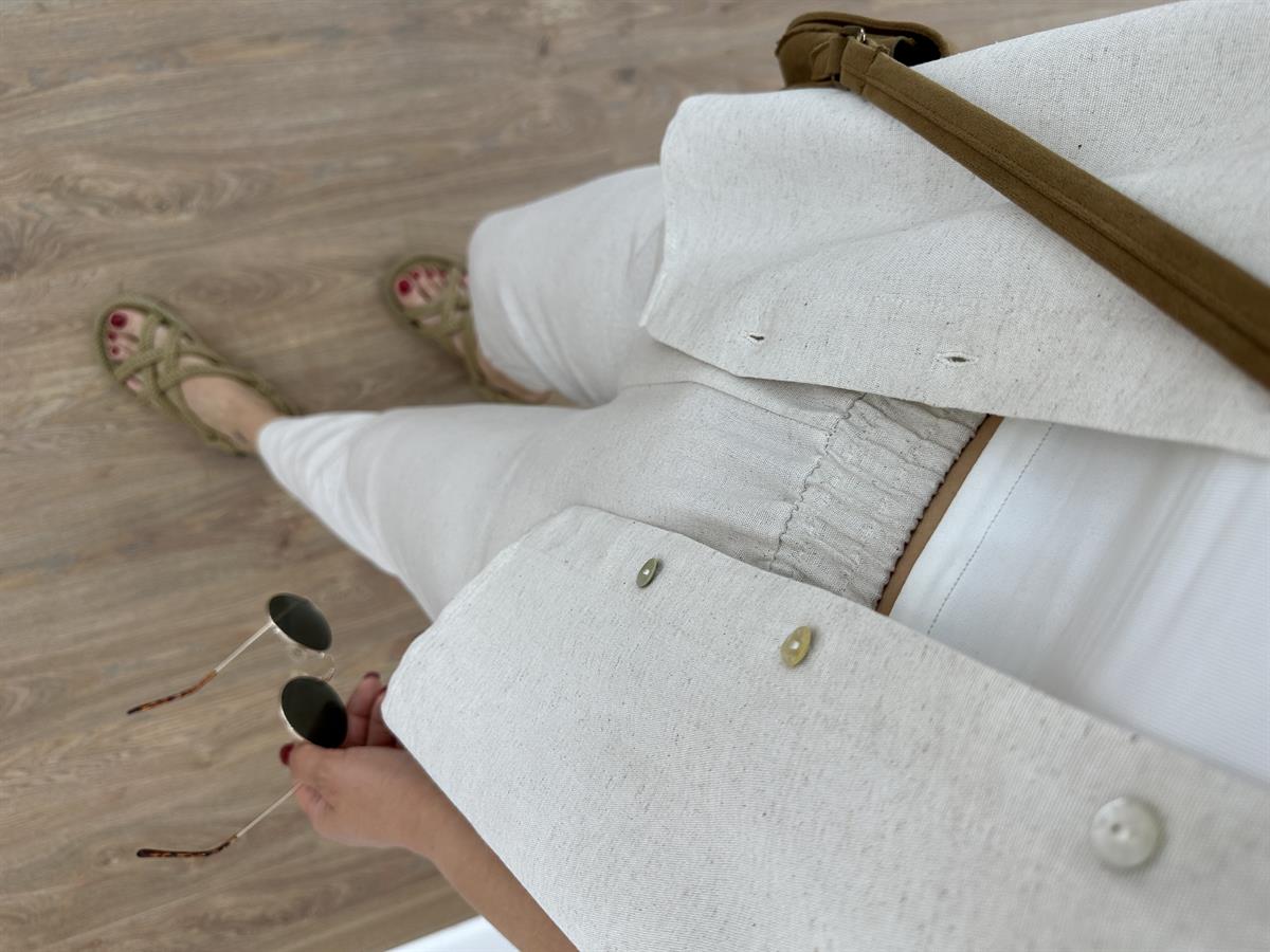 Yarasa Kol Naturel Keten Takım-Bej