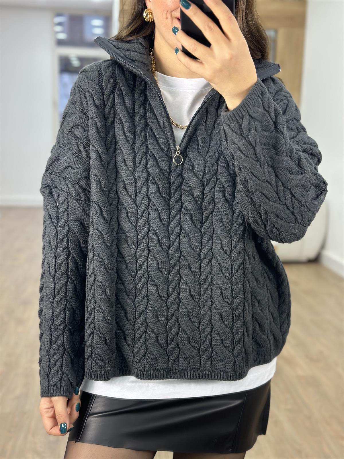 Yarım Fermuarlı Örgü Desen Kazak-Füme