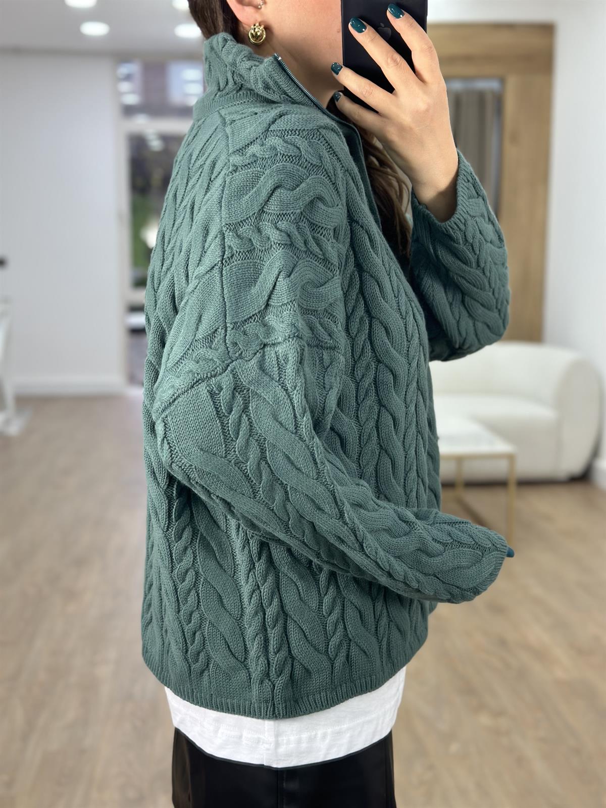 Yarım Fermuarlı Örgü Desen Kazak-Yeşil