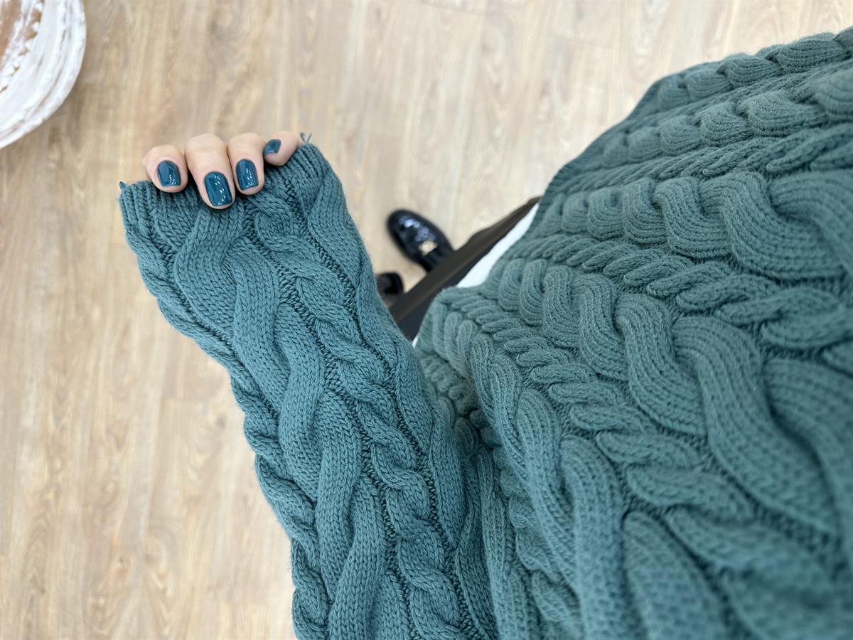 Yarım Fermuarlı Örgü Desen Kazak-Yeşil