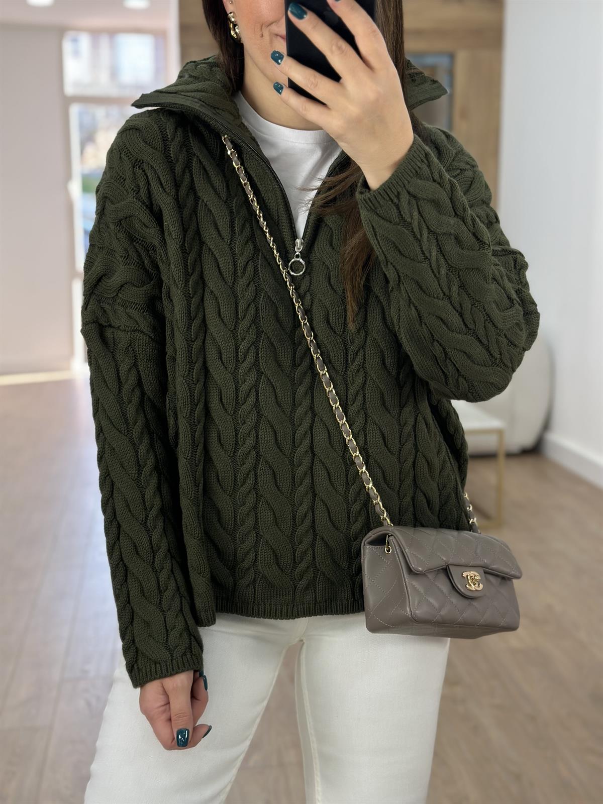 Yarım Fermuarlı Örgü Desen Kazak-Haki